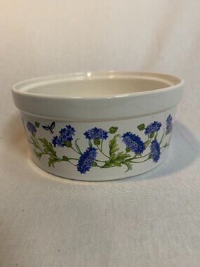 Vintage Japan Ceramic Casserole Dish 8" Blue Floral Butterfly Round Baker